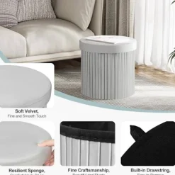 Rootz Rund Velvet Opbevaringsskammel - Puf Ottoman - Cremefarvet/Grå - Skjult opbevaring - Blød polstring - 38 cm x 36 cm - Elegant flæsedesign