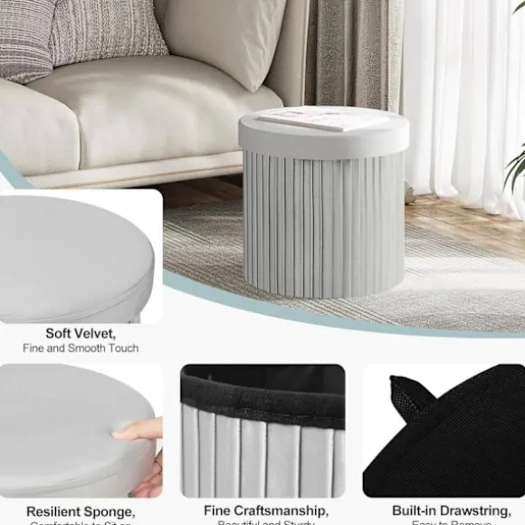 Rootz Rund Velvet Opbevaringsskammel - Puf Ottoman - Cremefarvet/Grå - Skjult opbevaring - Blød polstring - 38 cm x 36 cm - Elegant flæsedesign