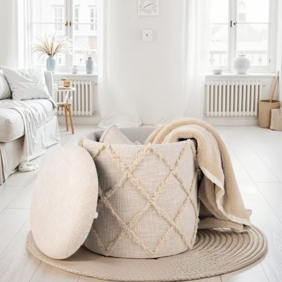 Rootz runde opbevaringskamler - Moderne Boho Ottomans - Dekorative siddepladser - Komfortpolstring - 45 cm x 40 cm x 45 cm