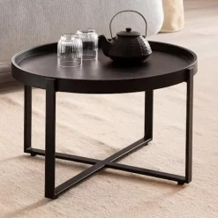 Rootz rundt sofabord - Industrielt design - Håndlavet - Unikt - Naturligt trækorn - 60 cm x 60 cm x 35 cm - Sort - Mango massivt træ - Pulverlakeret j | Fyndiq