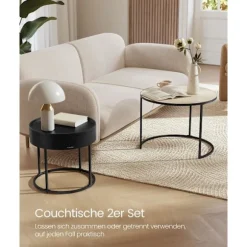 Rootz Rundt Sofabord Sæt med 2 Naturlig Beige-Ink Sort - Sidebord - Stuemøbler - MDF - 60cm x 60cm x 45cm