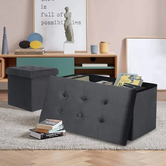 Rootz sammenfoldelig opbevaringsboks - Osmannisk bænk - Fløjlsbetræk - 80L Kapacitet - 76 cm x 38 cm x 37,5 cm - Maks. belastning 300 kg