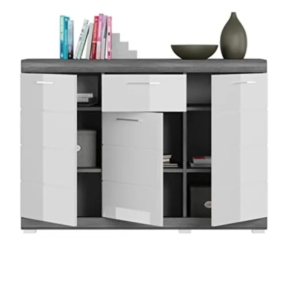 Rootz Scout Chest of skuffer - Træmateriale - Hvid højglansfront - Røgsølvkrop - 120 cm x 85 cm x 37 cm