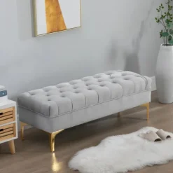 Rootz Sengebænk - Skobænk - Blød plyspolstring - Hævede ben - Stilfuldt design - Soveværelse - Træfløjl - Lysegrå -118 x 45 x 42 cm
