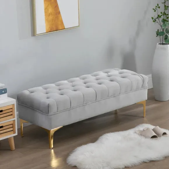 Rootz Sengebænk - Skobænk - Blød plyspolstring - Hævede ben - Stilfuldt design - Soveværelse - Træfløjl - Lysegrå -118 x 45 x 42 cm