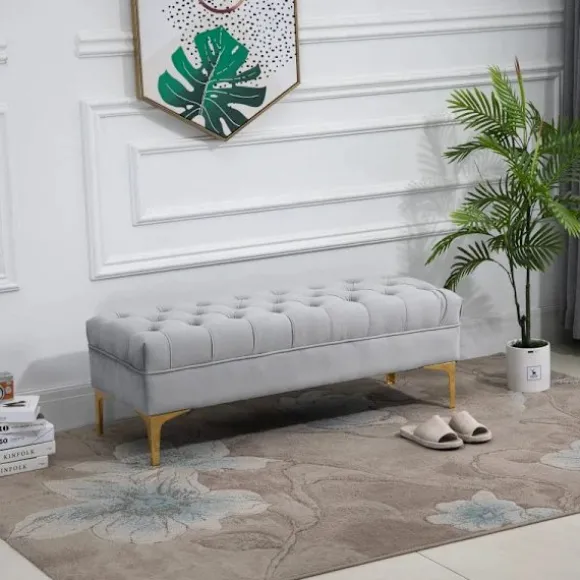 Rootz Sengebænk - Skobænk - Blød plyspolstring - Hævede ben - Stilfuldt design - Soveværelse - Træfløjl - Lysegrå -118 x 45 x 42 cm