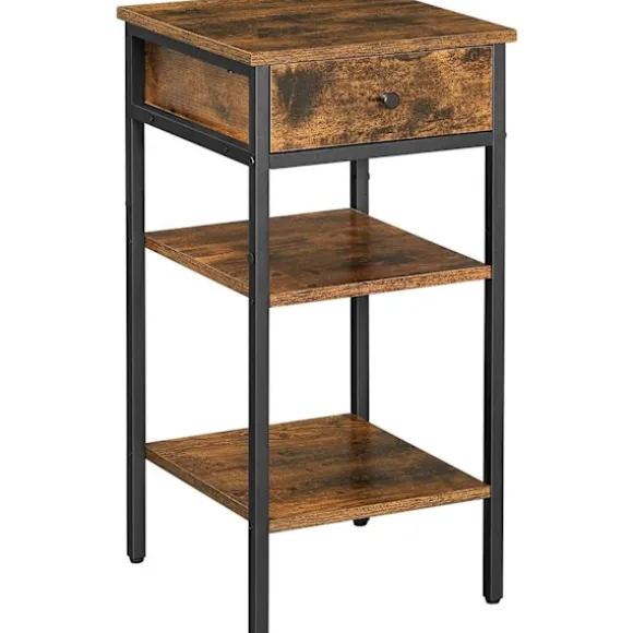 Rootz Sengebord - Sidebord - Skuffe - 2 hylder - 35 x 35 x 70 cm - Forarbejdet træ - Metal - Industriel - Brun - Sort