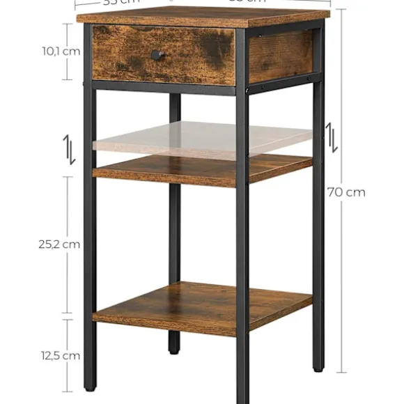 Rootz Sengebord - Sidebord - Skuffe - 2 hylder - 35 x 35 x 70 cm - Forarbejdet træ - Metal - Industriel - Brun - Sort