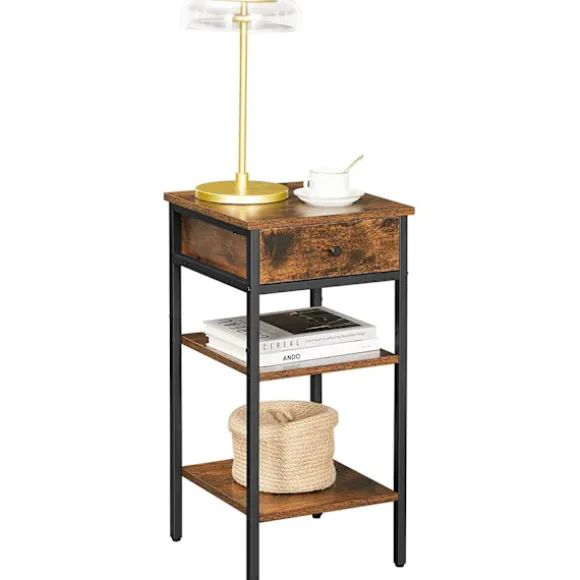 Rootz Sengebord - Sidebord - Skuffe - 2 hylder - 35 x 35 x 70 cm - Forarbejdet træ - Metal - Industriel - Brun - Sort