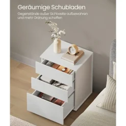 Rootz sengebord med 3 skuffer - Natbord - Sengeskab - Spånplademateriale - 35cm x 45cm x 58,7cm - Matt Hvid-Cappuccino Beige