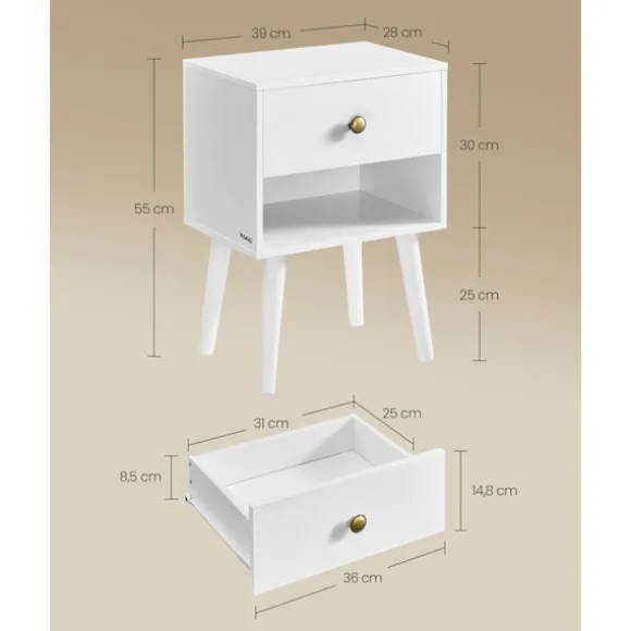 Rootz sengebordesæt - Snehvide farve - Spånplade MDF massivt træ - Natbordssæt - 28cm x 39cm x 55cm - 10,8kg Vægt - 59kg Kapacitet