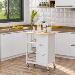 Rootz Serveringsvogn - Country House - Stilkøkken - Trolleykøkken - Økøkken - Vogn 3 skuffer - Fyrretræ - Natur+Hvid - 67L x 37W x 87H cm