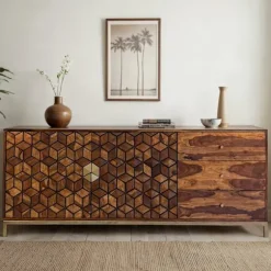 Rootz Sheesham træskænk - Modern Credenza - 3D-mønsterbuffet - Rigelig opbevaring - 180 cm x 70 cm x 40 cm