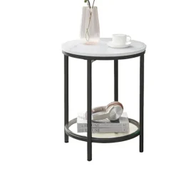 Rootz Side Table - Accent Table - End Table - har sort ramme, hvidt marmorudseende, stål og glas - 45 cm x 55 cm