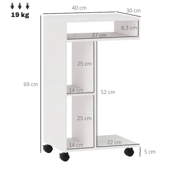 Rootz sidebord - C -formet serveringsbil - mobilarrangør - 4 hjul - effektiv opbevaring - 40 x 30 x 69 cm, robust spånplade, hvid