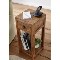 Rootz Sidebord - Massivt træ Sidebord - Telefonbord - Håndlavet - Skuffe - Brun - 30 x 30 x 68 cm