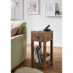 Rootz Sidebord - Massivt træ Sidebord - Telefonbord - Håndlavet - Skuffe - Brun - 30 x 30 x 68 cm