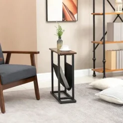 Rootz Sidebord - Sengebord - Sofabord - smalt design - Med stofpose - Stål - Mørkebrun + Sort - 49 x 19 x 55cm