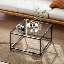 Rootz Sidebord Firkantet sengebord – Sofabord – Accentbord – Robust design – Sort hærdet glas, stålben, 68x68x39cm