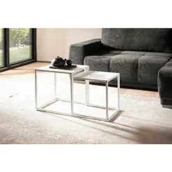 Rootz sideborde i industriel stil - Firkantede endeborde - Indlejringsborde - Malet stål - 40 cm x 40 cm x 45 cm & 35 cm x 35 cm x 40 cm - Hvid