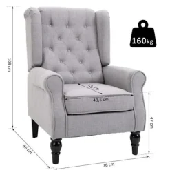 Rootz Single Sofa Hvilestol - Enkelt Stol Sofa Hvilestol - Tuftet træ - Fødder Polyester Hvilestol - Grå Hvilestol - 76 X 86 X 108 Cm