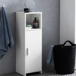 Rootz skab 30 x 95,5 x 30 cm hvidt træ med dør og opbevaringsrum Lille badeværelsesskab sideskab stående - Badeværelseshylde smal fritstående badevære | Fyndiq