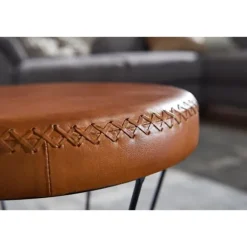Rootz skammel ægte læder - metal 35 x 48 x 35 cm design skammel rund - Dekorativ skammel med læderbetræk Moderne læder skammel betrukket med brunt