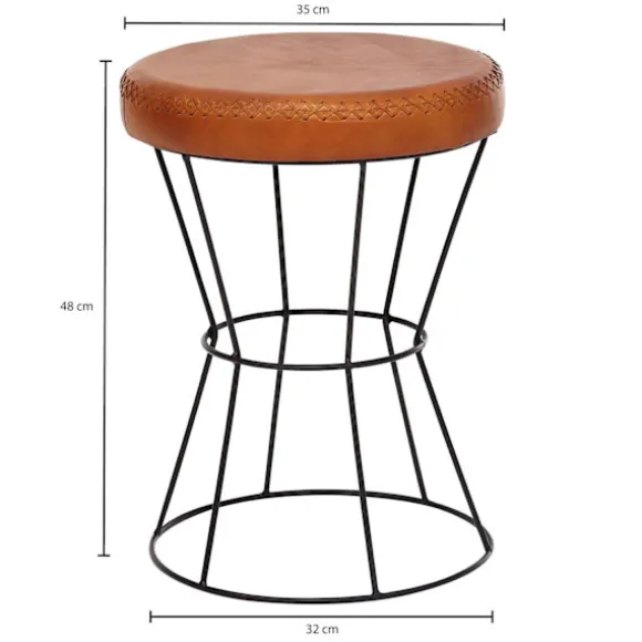 Rootz skammel ægte læder - metal 35 x 48 x 35 cm design skammel rund - Dekorativ skammel med læderbetræk Moderne læder skammel betrukket med brunt