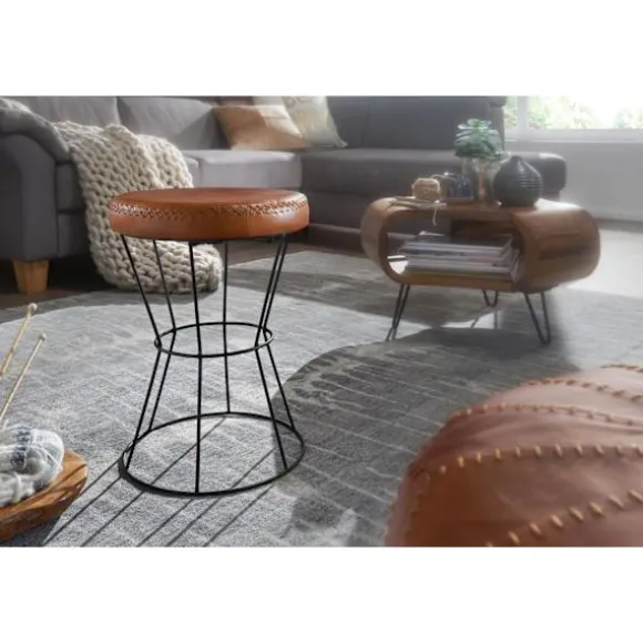 Rootz skammel ægte læder - metal 35 x 48 x 35 cm design skammel rund - Dekorativ skammel med læderbetræk Moderne læder skammel betrukket med brunt