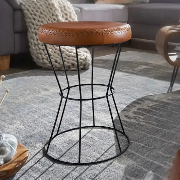 Rootz skammel ægte læder - metal 35 x 48 x 35 cm design skammel rund - Dekorativ skammel med læderbetræk Moderne læder skammel betrukket med brunt