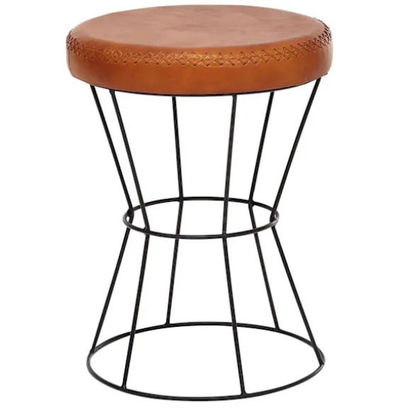 Rootz skammel ægte læder - metal 35 x 48 x 35 cm design skammel rund - Dekorativ skammel med læderbetræk Moderne læder skammel betrukket med brunt