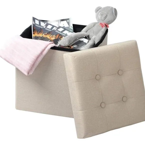 Rootz skammel med opbevaring - Opbevaringsbænk - Foldbar osmannisk - Linnedstof - 37,5 cm x 38 cm x 37,5 cm - Pladsbesparende - Åndbar - 38L opbevarin | Fyndiq