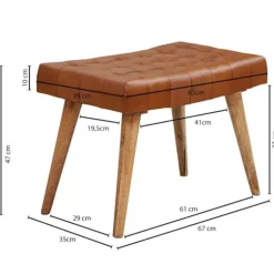 Rootz skammel 67x47x39 cm mango massivt træ - ægte læder Chesterfield design - Læder skammel brun - Side skammel uden ryglæn Country fodskammel