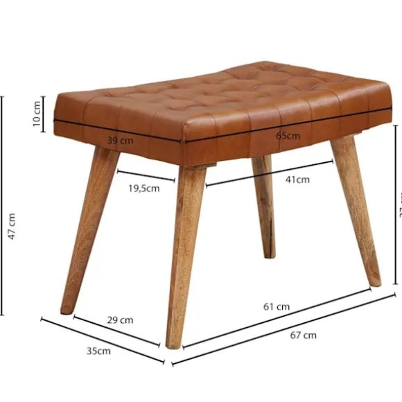 Rootz skammel 67x47x39 cm mango massivt træ - ægte læder Chesterfield design - Læder skammel brun - Side skammel uden ryglæn Country fodskammel