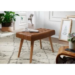 Rootz skammel 67x47x39 cm mango massivt træ - ægte læder Chesterfield design - Læder skammel brun - Side skammel uden ryglæn Country fodskammel