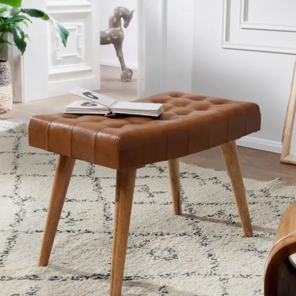 Rootz skammel 67x47x39 cm mango massivt træ - ægte læder Chesterfield design - Læder skammel brun - Side skammel uden ryglæn Country fodskammel