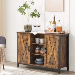 Rootz Skænk - Opbevaringsskab - Skænk - Køkkenskab - 2 døre - 2 åbne rum - Industriel - Brun - Sort - Forarbejdet træ - Metal - 100 x 35 x 70 cm
