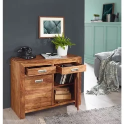 Rootz skænk Massivt træ Sheesham Kommode 90 cm 2 skuffer 2 låger Design highboard landlig brun natur