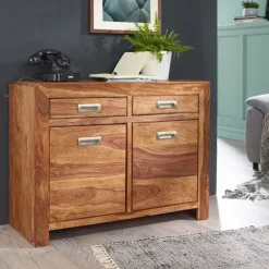 Rootz skænk Massivt træ Sheesham Kommode 90 cm 2 skuffer 2 låger Design highboard landlig brun natur