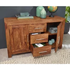 Rootz skænk massivt træ sheesham kommode 118 cm 3 skuffer 2 låger design highboard landstedsstil brun natur