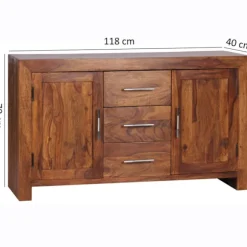 Rootz skænk massivt træ sheesham kommode 118 cm 3 skuffer 2 låger design highboard landstedsstil brun natur