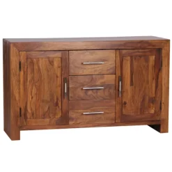 Rootz skænk massivt træ sheesham kommode 118 cm 3 skuffer 2 låger design highboard landstedsstil brun natur