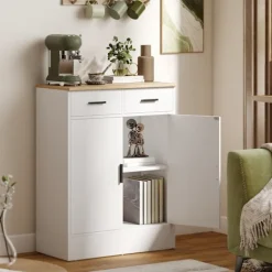 Rootz skænk med opbevaring - Kommode med 2 skuffer - Accentskab - Buffetskab - rodfri organisering - 68,6 x 35 x 90,3 cm - Brun, Hvid