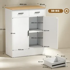 Rootz skænk med opbevaring - Kommode med 2 skuffer - Accentskab - Buffetskab - rodfri organisering - 68,6 x 35 x 90,3 cm - Brun, Hvid