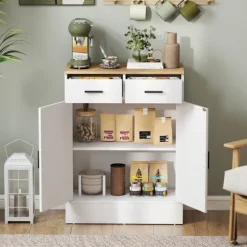 Rootz skænk med opbevaring - Kommode med 2 skuffer - Accentskab - Buffetskab - rodfri organisering - 68,6 x 35 x 90,3 cm - Brun, Hvid