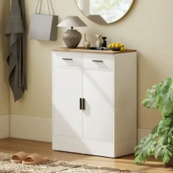 Rootz skænk med opbevaring - Kommode med 2 skuffer - Accentskab - Buffetskab - rodfri organisering - 68,6 x 35 x 90,3 cm - Brun, Hvid