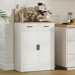 Rootz skænk med opbevaring - Kommode med 2 skuffer - Accentskab - Buffetskab - rodfri organisering - 68,6 x 35 x 90,3 cm - Brun, Hvid