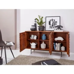 Rootz skænk Sheesham massivt træ 150x81x41 cm rustik kommode - Design Skænk Large - Høj kommode med 3 låger massivt træ - Gulvskab Stue Moderne