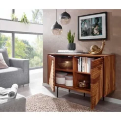 Rootz skænk 100x71x40 cm massivt sheesham træ - metal skænk - kommode med to låger - Kommode skab træ moderne - Stå skab stue