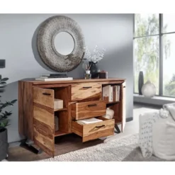Rootz skænk 145x82x45 cm massivt sheesham træ - metal med aftagende - kommode - Skænk skuffeskab moderne
